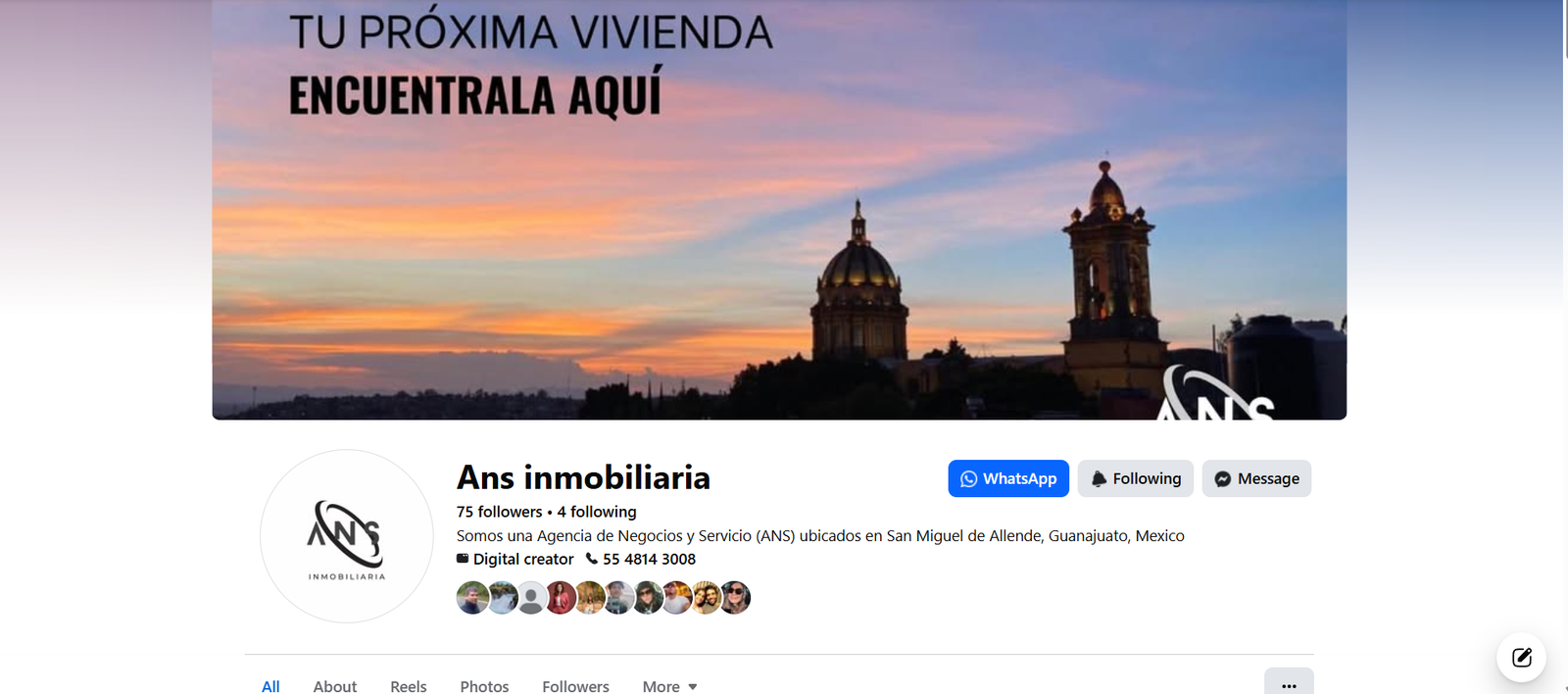 Portada de la página de Facebook de Ans Inmobiliaria, con la Parroquia de San Miguel al atardecer y el texto Tu próxima vivienda, encuéntrala aquí.